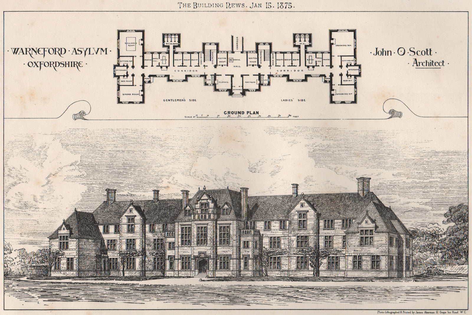 Warneford Asylum, Oxfordshire; John O. Scott, Architect 1875 old antique print